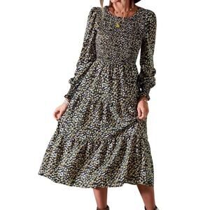 2/$30 SHEIN Unity Ditsy Floral Print Lantern Sleeve Dress Black Yellow XL #8867